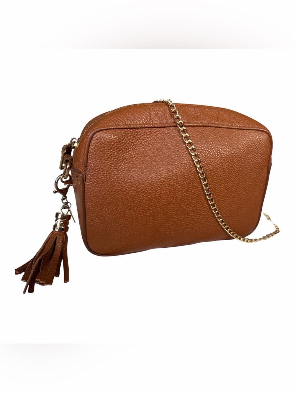 Classic Brown Pebbled Leather Crossbody with Tassel and Gold Chain